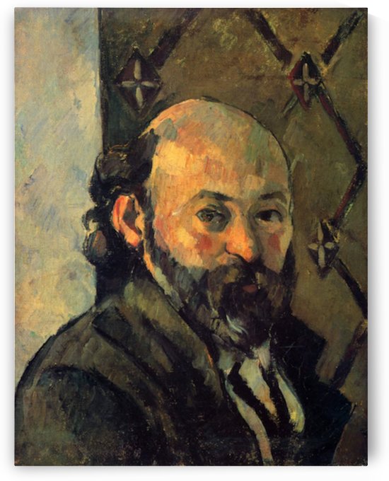 Self portrait in front of wallpaper by Cezanne