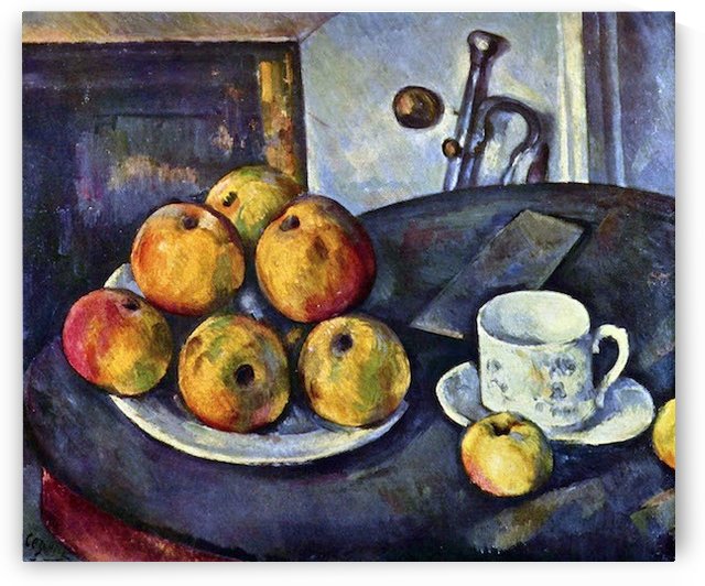 Still life with a bottle and apple cart by Cezanne