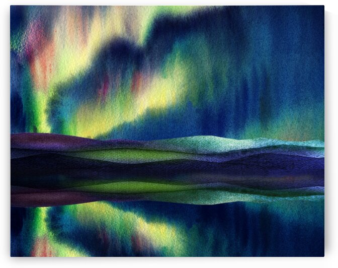 Aurora Borealis Magic Reflections Northern Lake Lights Watercolor by Irina Sztukowski