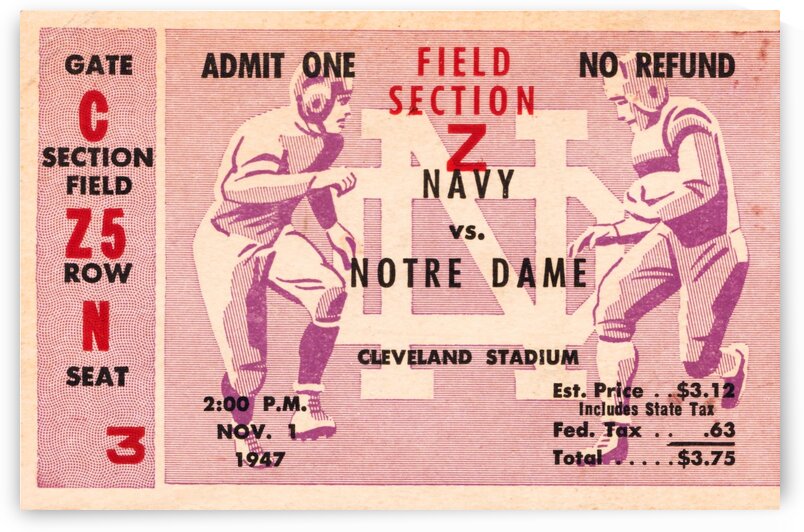 1947 Notre Dame vs. Navy Football Ticket Art by Row One Brand