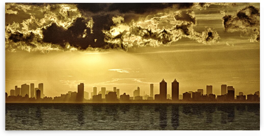 Miami Skyline Golden Sunset Reflection by Bill Swartwout Photography