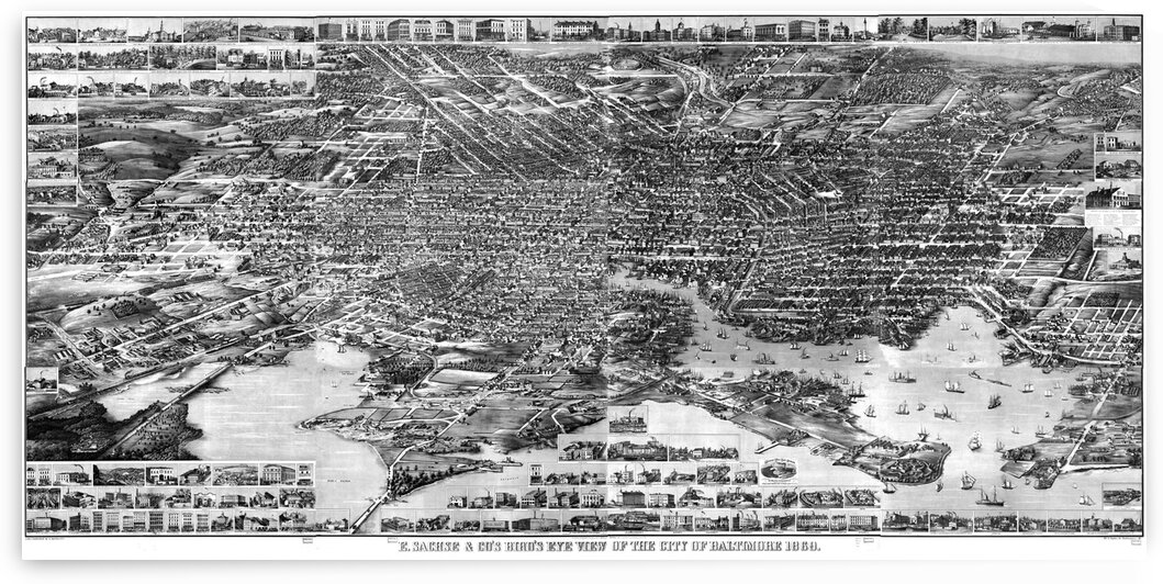 Birds Eye View of Baltimore Lithograph Circa 1869 B and W by Bill Swartwout Photography