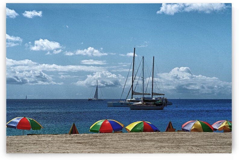 Pigeon Island Beach on St. Lucia w Umbrellas by Bill Swartwout Photography