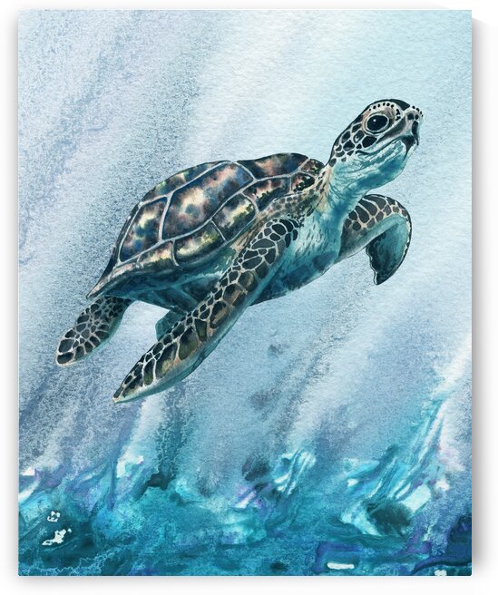 Watercolor Giant Turtle In Abstract Seaweed And Water XI by Irina Sztukowski
