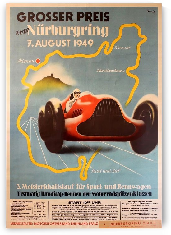 Original Vintage Sports Car Racing Poster for the 1949 Nurburgring Grand Prix by VINTAGE POSTER