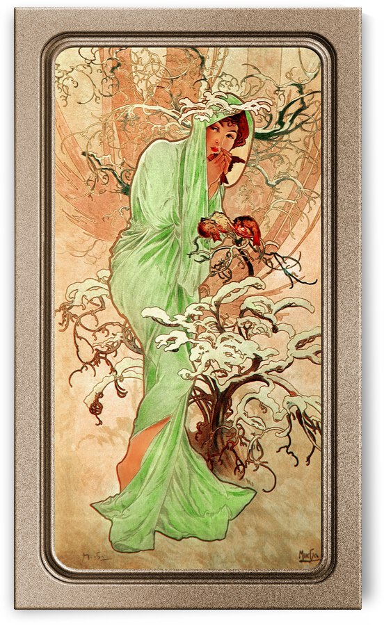 Winter In A Green Cape by Alphonse Mucha Vintage Old Masters Art Nouveau Reproduction by xzendor7
