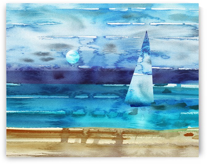 Beach House Art Sailboat At The Ocean Shore Seascape Painting V by Irina Sztukowski