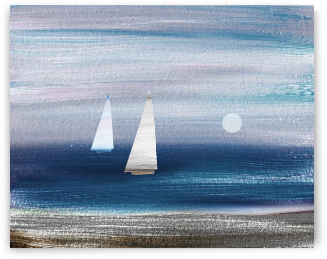 Beach House Art Sailboats At The Ocean Shore Seascape Painting IX by Irina Sztukowski