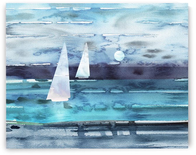 Beach House Art Sailboats At The Ocean Shore Seascape Painting XII by Irina Sztukowski