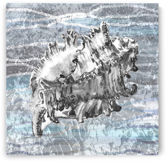 Silver Gray Seashell On Ocean Shore Waves And Rocks III by Irina Sztukowski