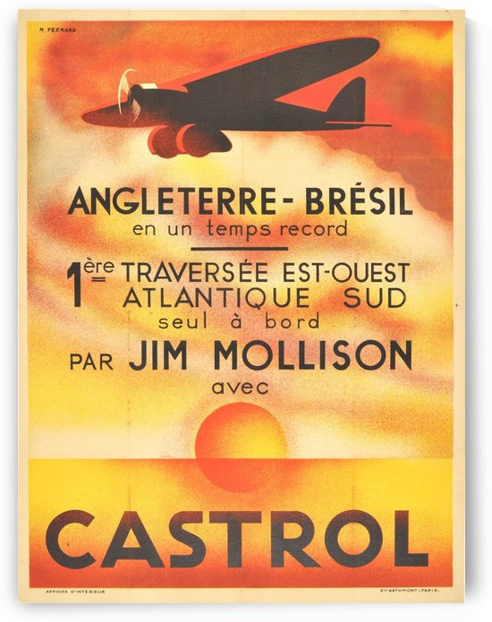 Original Art Deco Airplane Poster Castrol Jim Mollison Art Deco England Brazil by VINTAGE POSTER