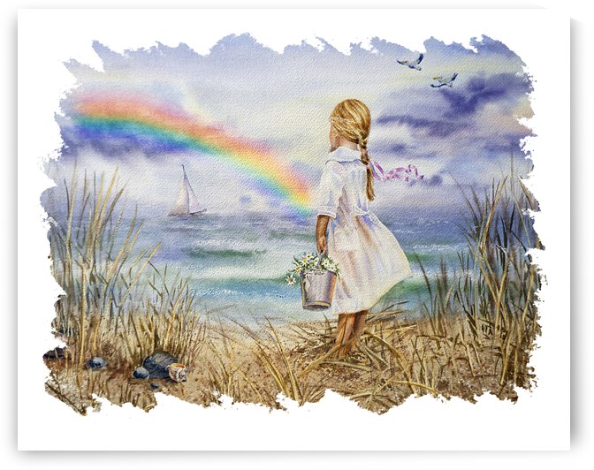 Girl Ocean Rainbow Boat And Birds Beach House Style Art by Irina Sztukowski