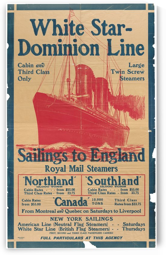 White Star-Dominion Line - Sailings to England by VINTAGE POSTER
