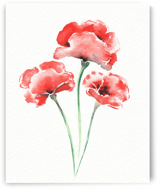 Graceful Beauty Botanical Watercolor Three Red Poppies Flowers II by Irina Sztukowski
