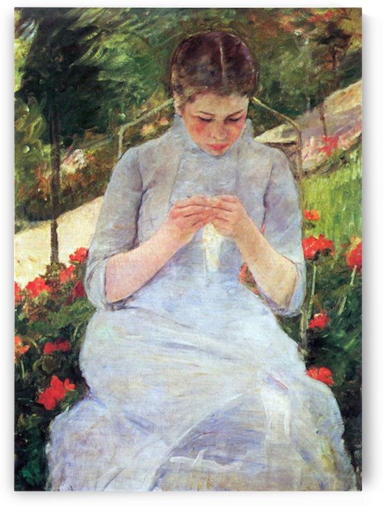 Young woman sewing in the garden by Cassatt