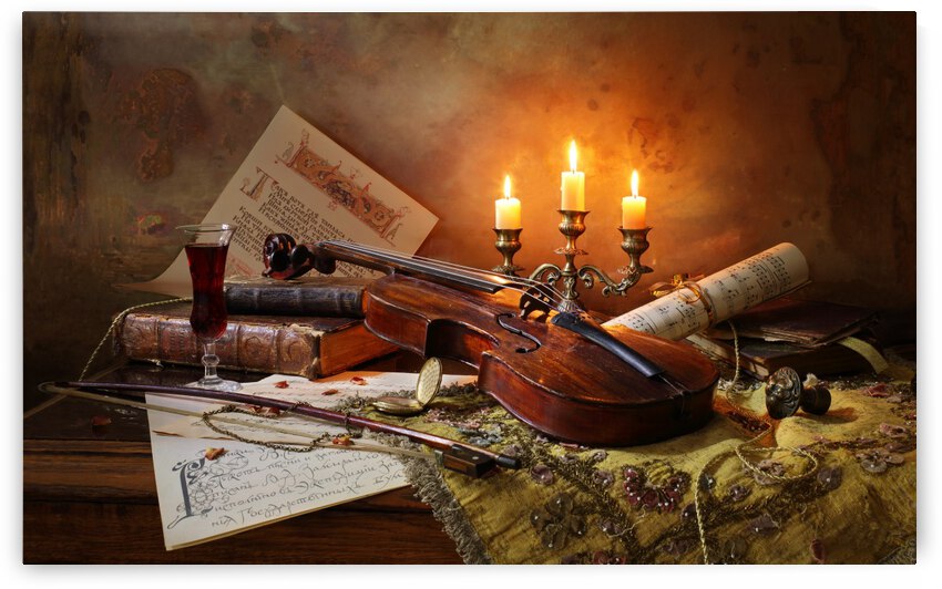 Still life with violin and candles by 1x