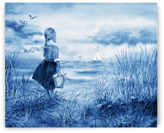 Girl And The Ocean Beach Painting In Ultramarine Blue  by Irina Sztukowski