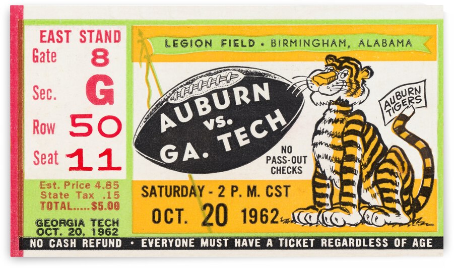 1962 Georgia Tech Yellow Jackets vs. Auburn Tigers Football Ticket Canvas by Row One Brand