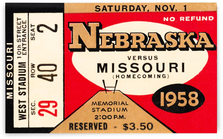 1958 Nebraska Cornhuskers vs. Missouri Tigers Ticket Art by Row One Brand