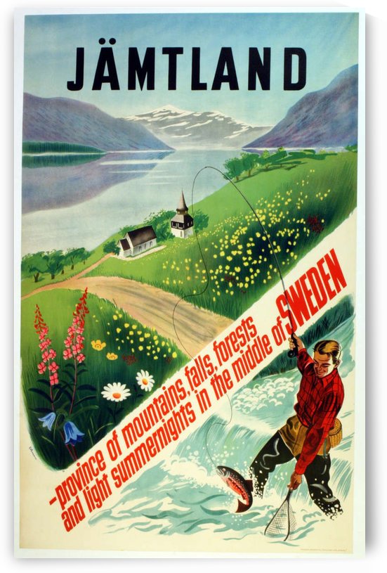 Fishing in Jamtland Sweden Original Vintage Travel Advertising Poster by VINTAGE POSTER