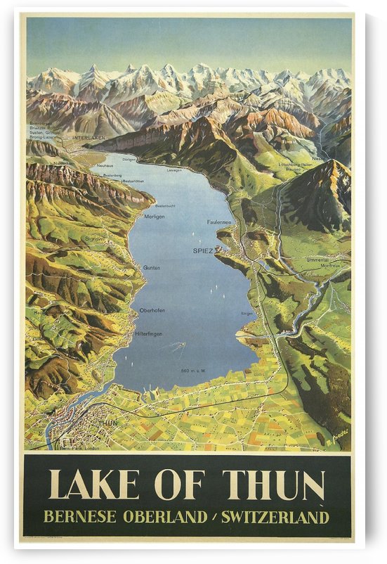 Lake of Thun Bernese Oberland Switzerland Max Bieder Vintage Travel Poster 1946 by VINTAGE POSTER