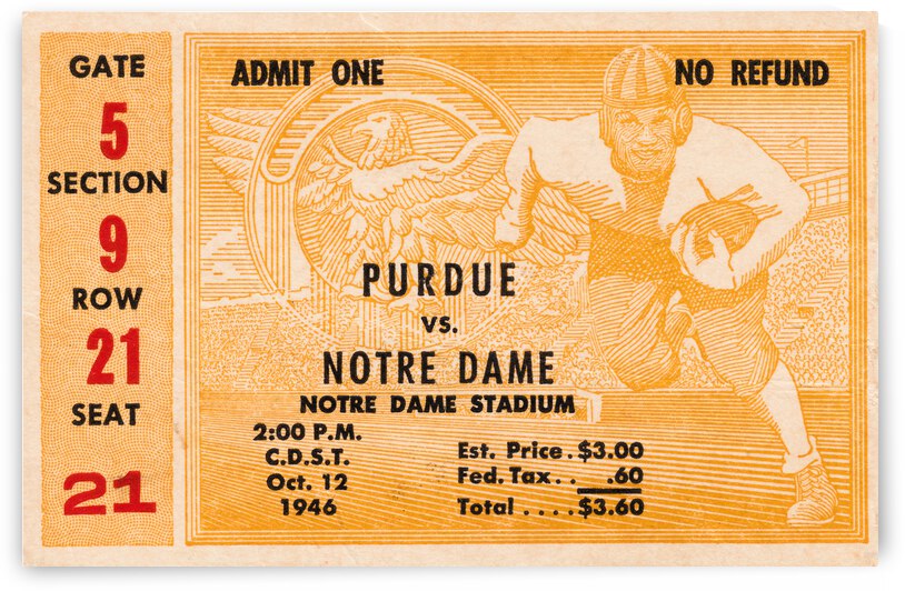 1946 Notre Dame vs. Purdue Ticket Art by Row One Brand