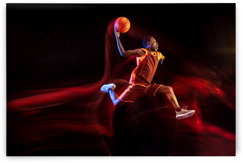 one jump before winning african american young basketball player red team action neon lights dark studio background concept sport movement energy dynamic healthy lifestyle by GrapyArt
