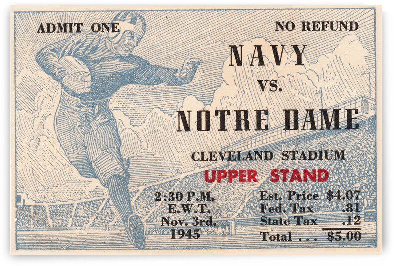 1945 Notre Dame vs. Navy Football Ticket Stub Metal Sign by Row One Brand