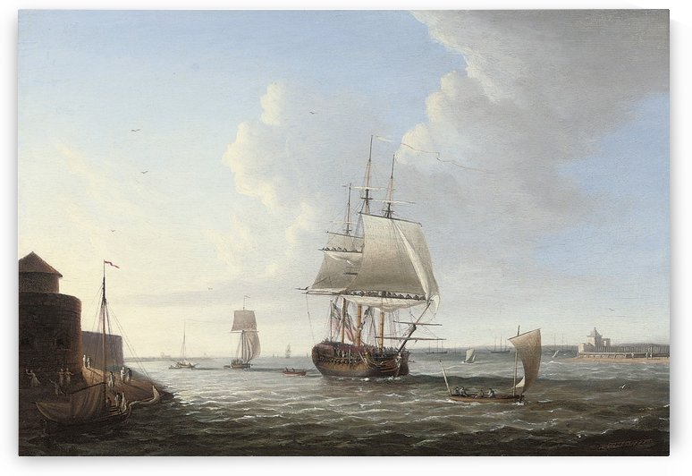 An English man-o war shortening sail entering Portsmouth by Dominic Serres