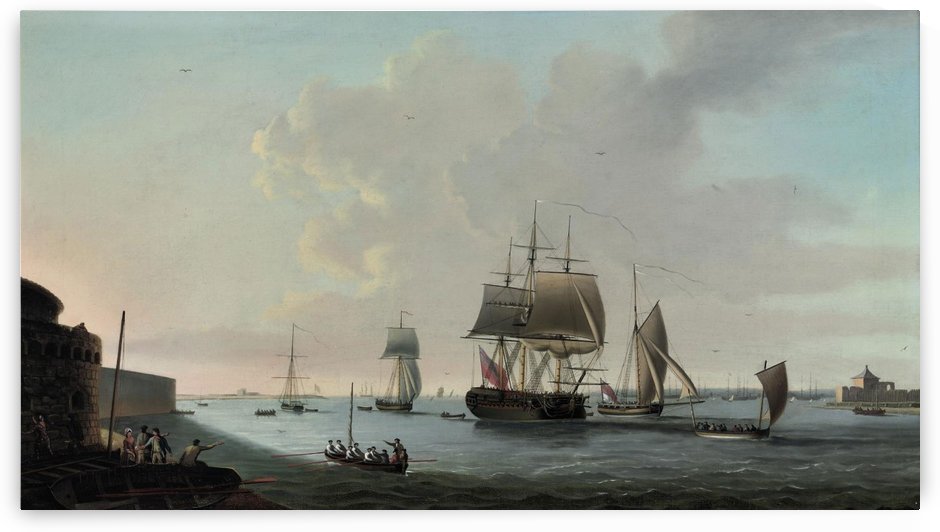 An English frigate running into Portsmouth harbour by Dominic Serres