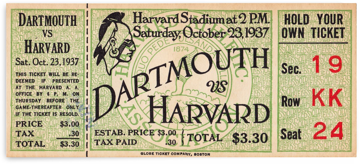 1937 Dartmouth vs. Harvard Football Ticket Art  by Row One Brand