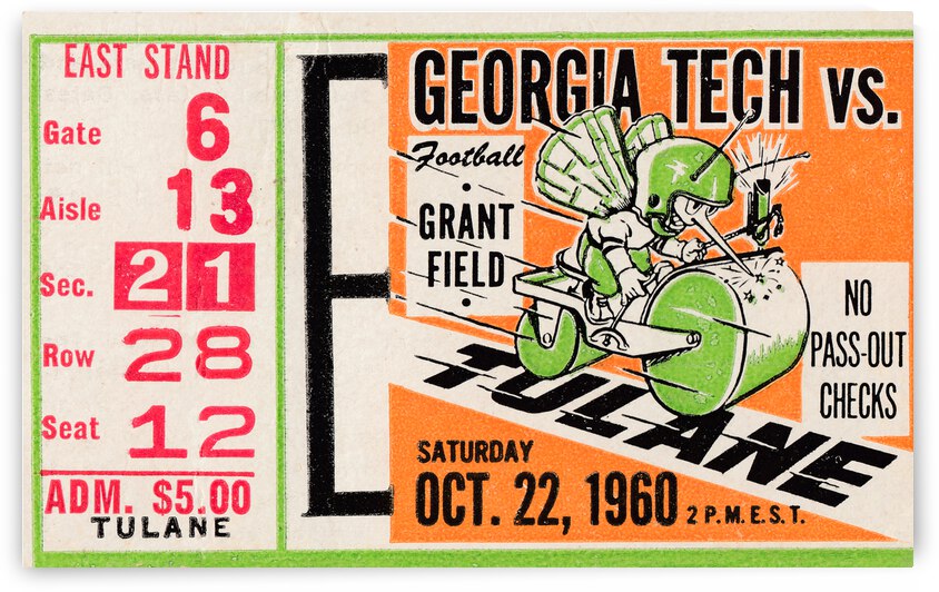 1960 Georgia Tech vs. Tulane Football Ticket Art Sale by Row One Brand