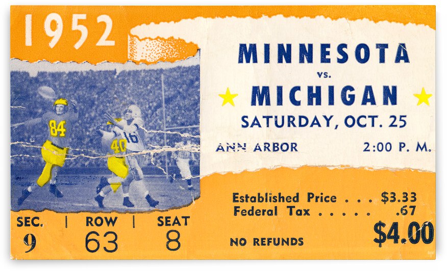 1952 Minnesota vs. Michigan Football Ticket Art by Row One Brand