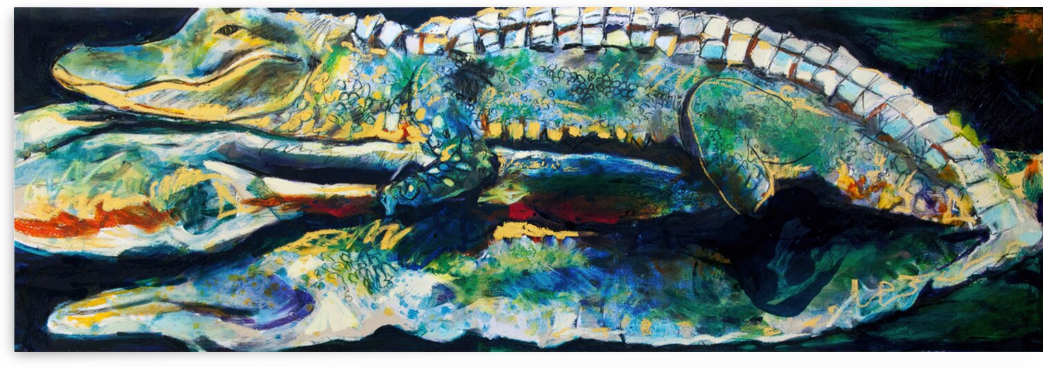 Psychedelic Louisiana Gator on Log with Reflection in the Bayou by Caroline Youngblood