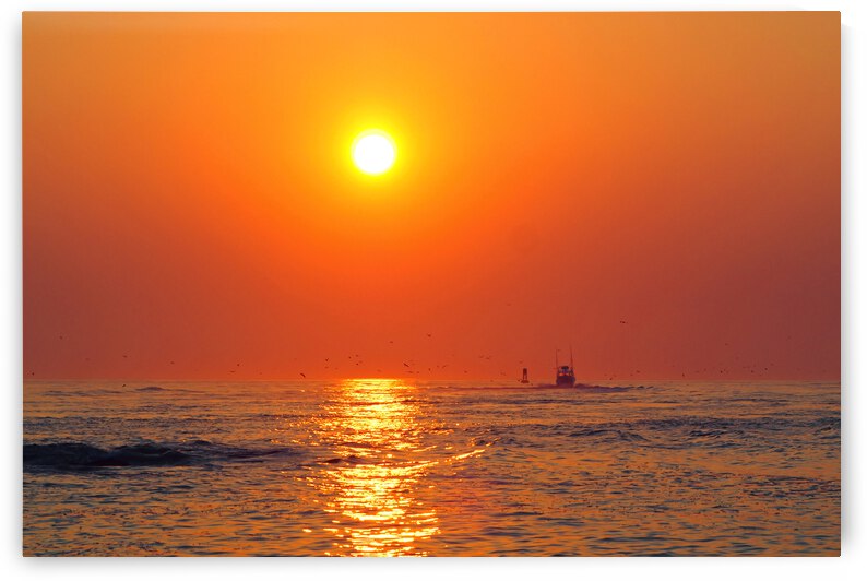 Inlet Sunrise with Birds and a Boat by Bill Swartwout Photography