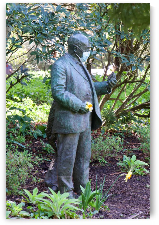 Statues wearing masks by Bill Osuch