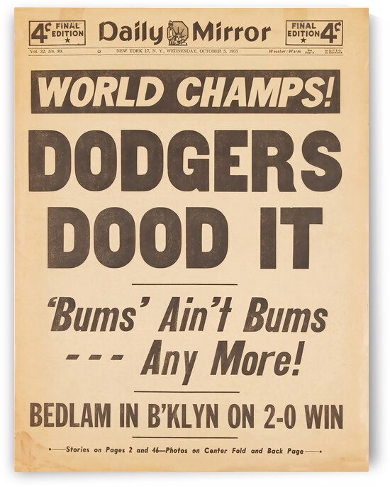 1955 BROOKLYN DODGERS Newspaper by The Dinger Studios