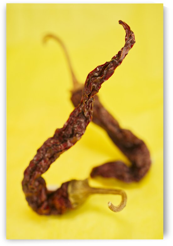 Red Dried Hot Chillie Peppers on Yellow  by Iris H Richardson