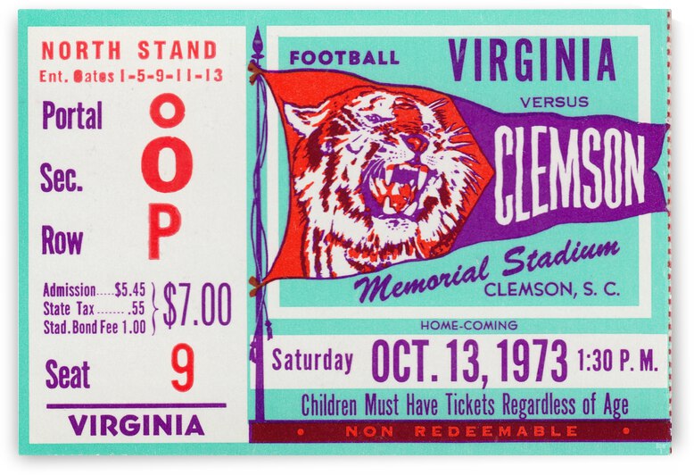 1973 Virginia vs. Clemson Football Ticket Stub Print by Row One Brand