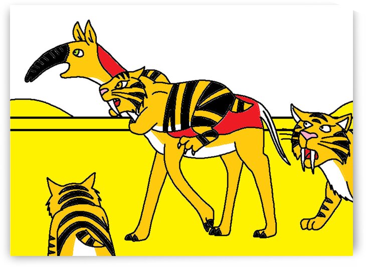 a clan of saber tooth tigresses hunt a macrauchenia by Liam Frew