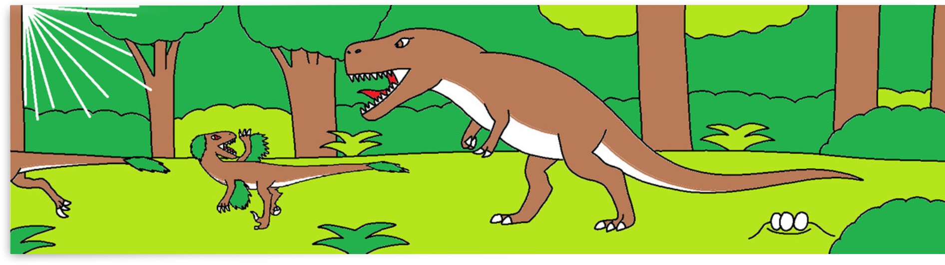 a mother tyrannosaurus defends her nest from a pair of deinonychus by Liam Frew