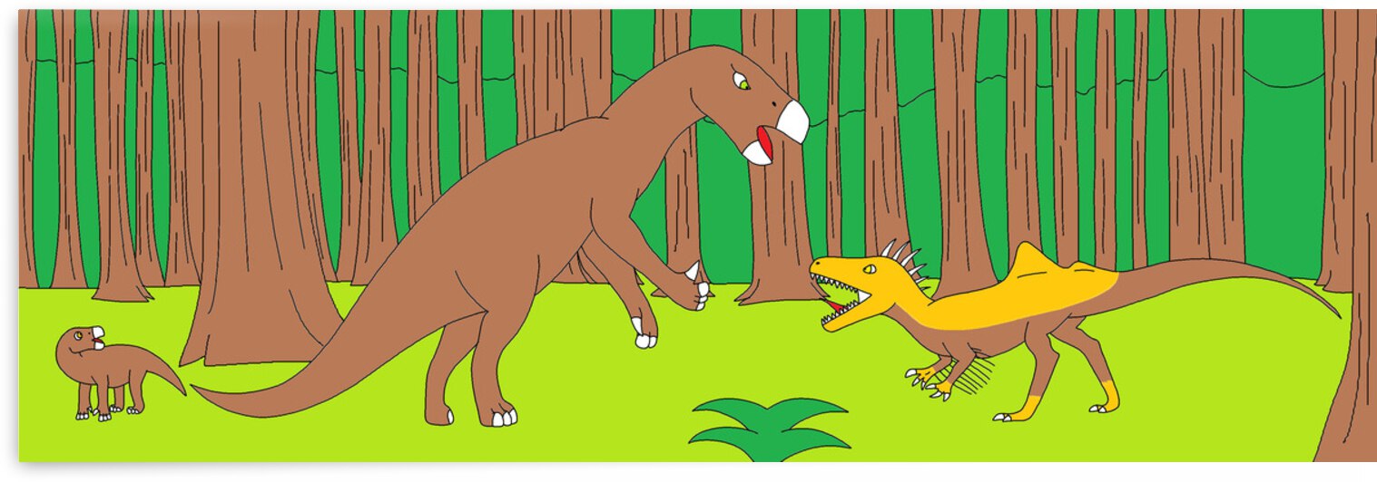 a mother iguanodon defends her baby from a concavenator by Liam Frew