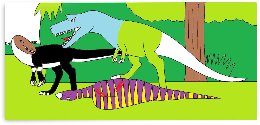 a gorgosaurus steals a megaraptors dead ouranosaurus by Liam Frew