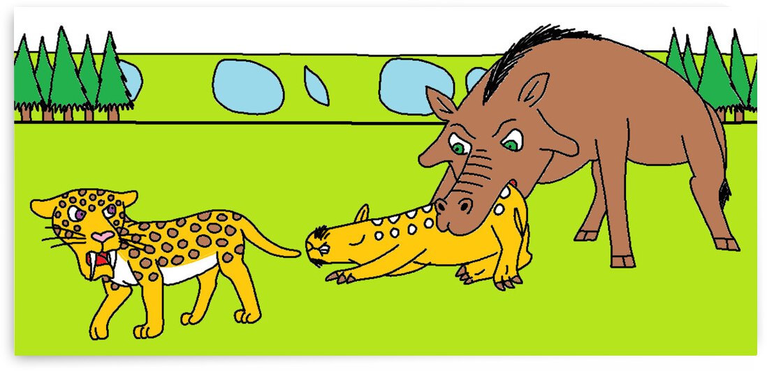 an entelodon steals a megantereons dead telicomys by Liam Frew