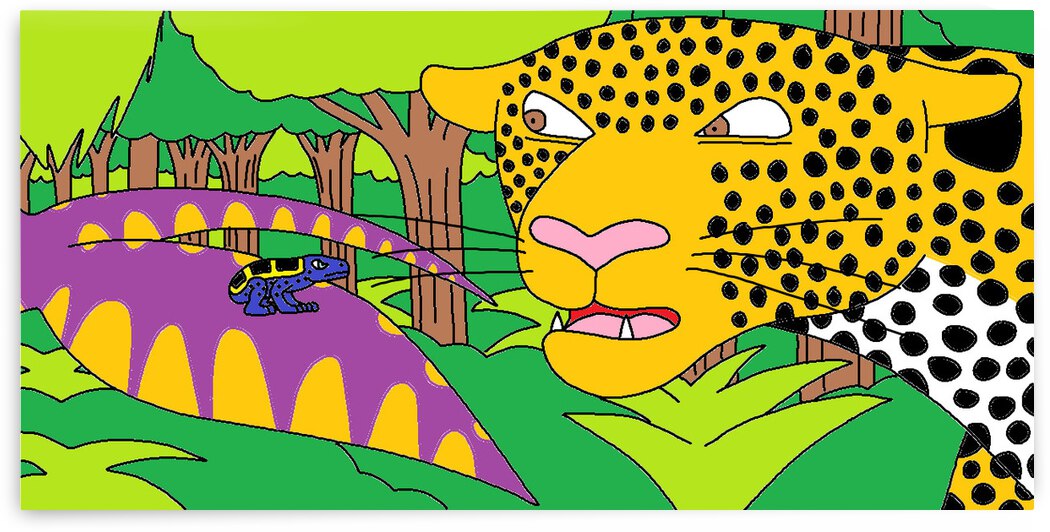 a dyeing dart frog defends himself from a jaguar by Liam Frew