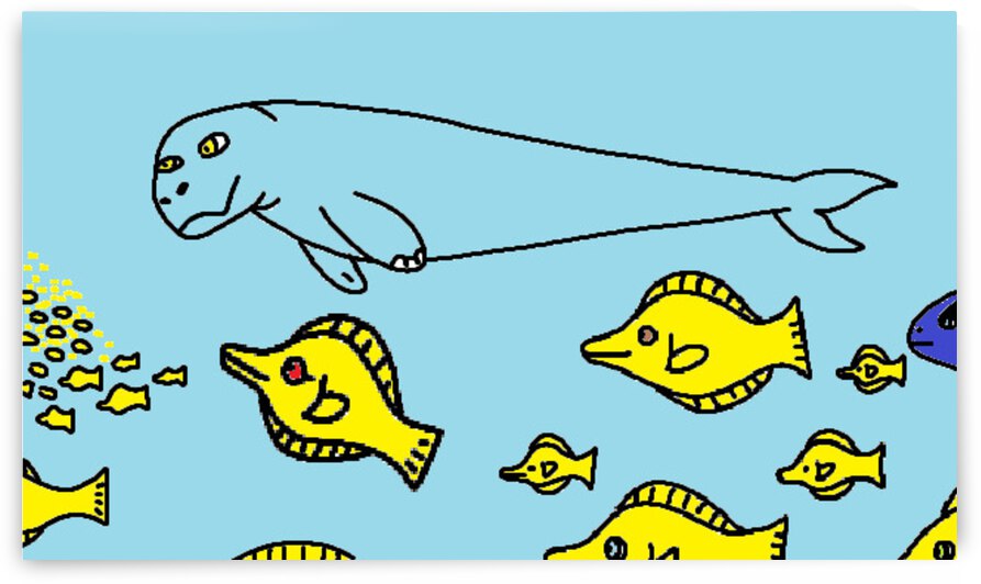 a dugong blue tang and a school of yellow tang by Liam Frew