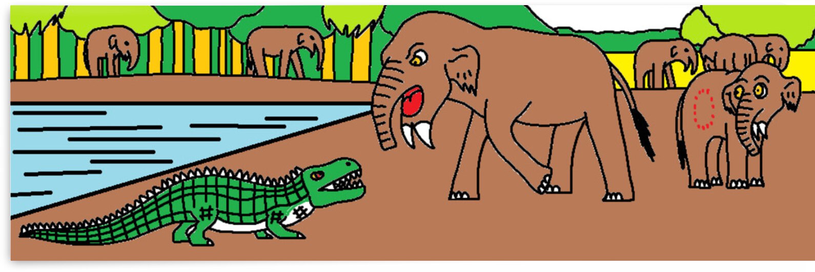 a deinotherium defends his son from a purussaurus by Liam Frew