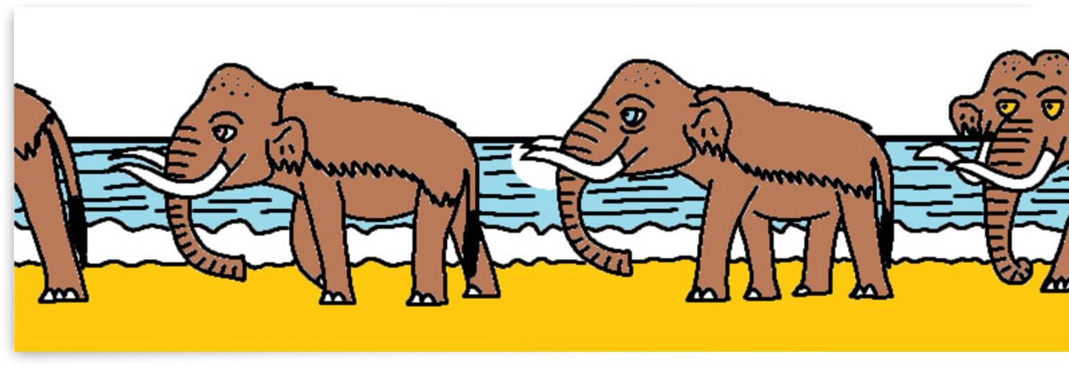 pygmy mammoths walking on a beach by Liam Frew