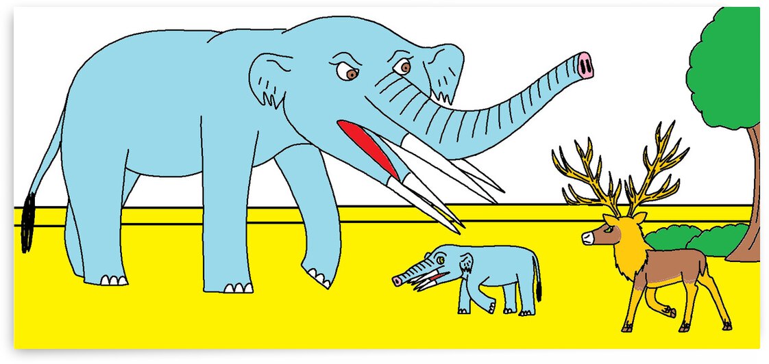 a mother stegotetrabelodon saves her baby from a territorial eucladoceros by Liam Frew