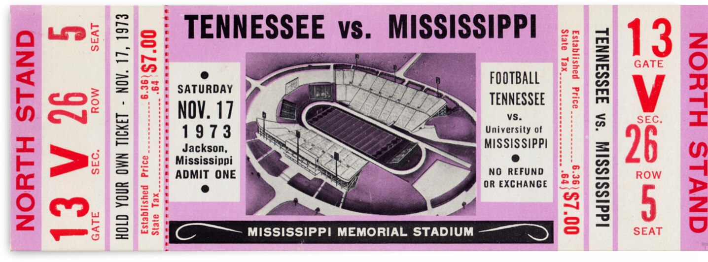 1973 Tennessee vs. Ole Miss Football Full Ticket Print by Row One Brand